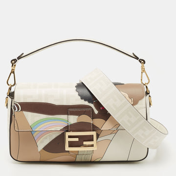 Fendi White FF Glazed Coated Canvas and Leather Inlay Baguette Shoulder Bag